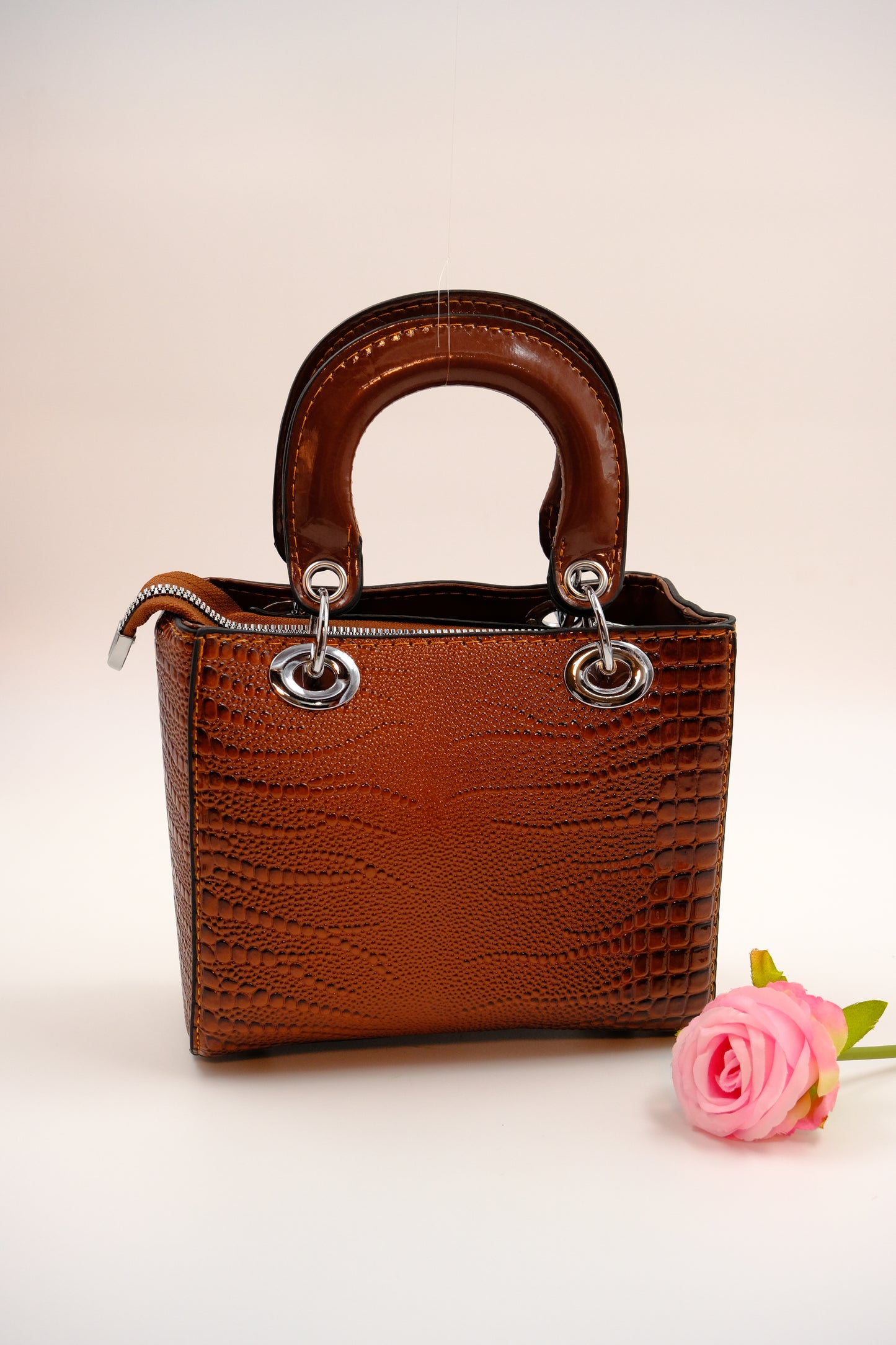Glossy Croc-Embossed Handbag