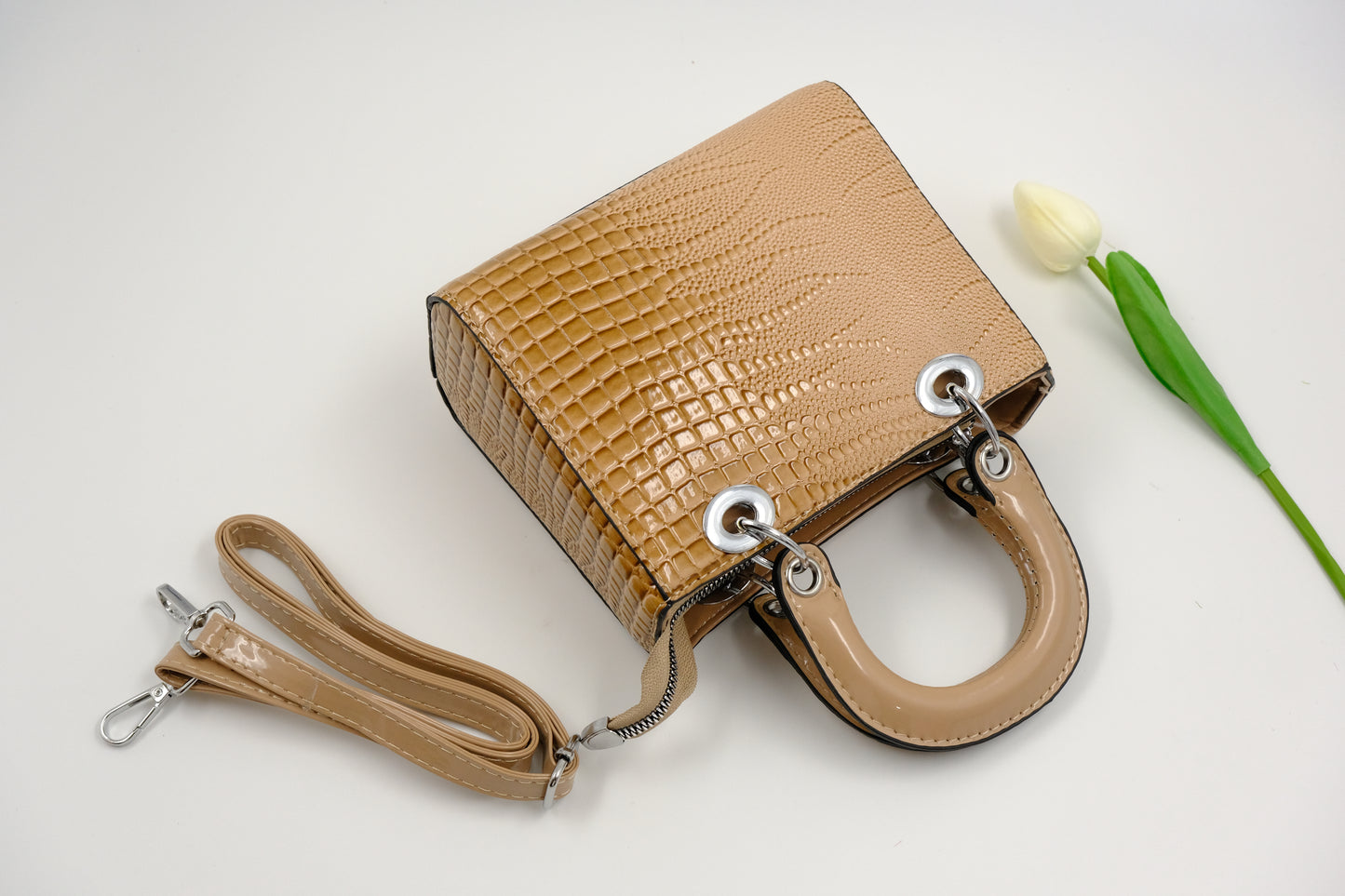 Glossy Croc-Embossed Handbag