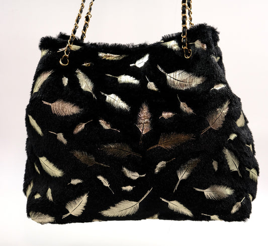Elegant Black Faux Fur Tote Bag with Gold Feather Accents